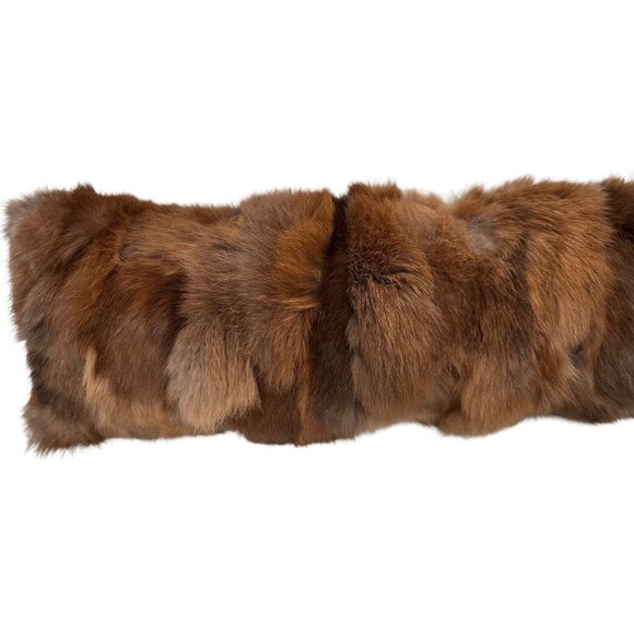 Genuine Rabbit Fur Lumbar Pillow leather Luxe Brown Real Fur Home Decor 42”x5” - Picture 4 of 9